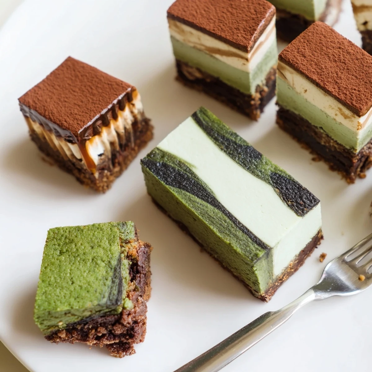 Decadent matcha-miso brownies, drizzled with chocolate, inviting and rich in flavor.  