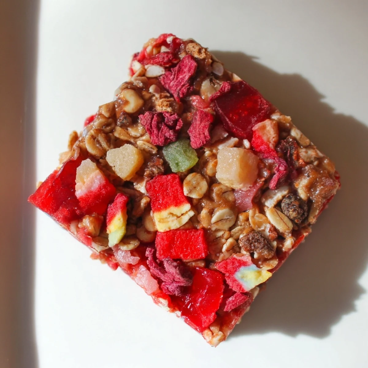Colorful DIY snack bars topped with homemade gummies and freeze-dried candy pieces.  