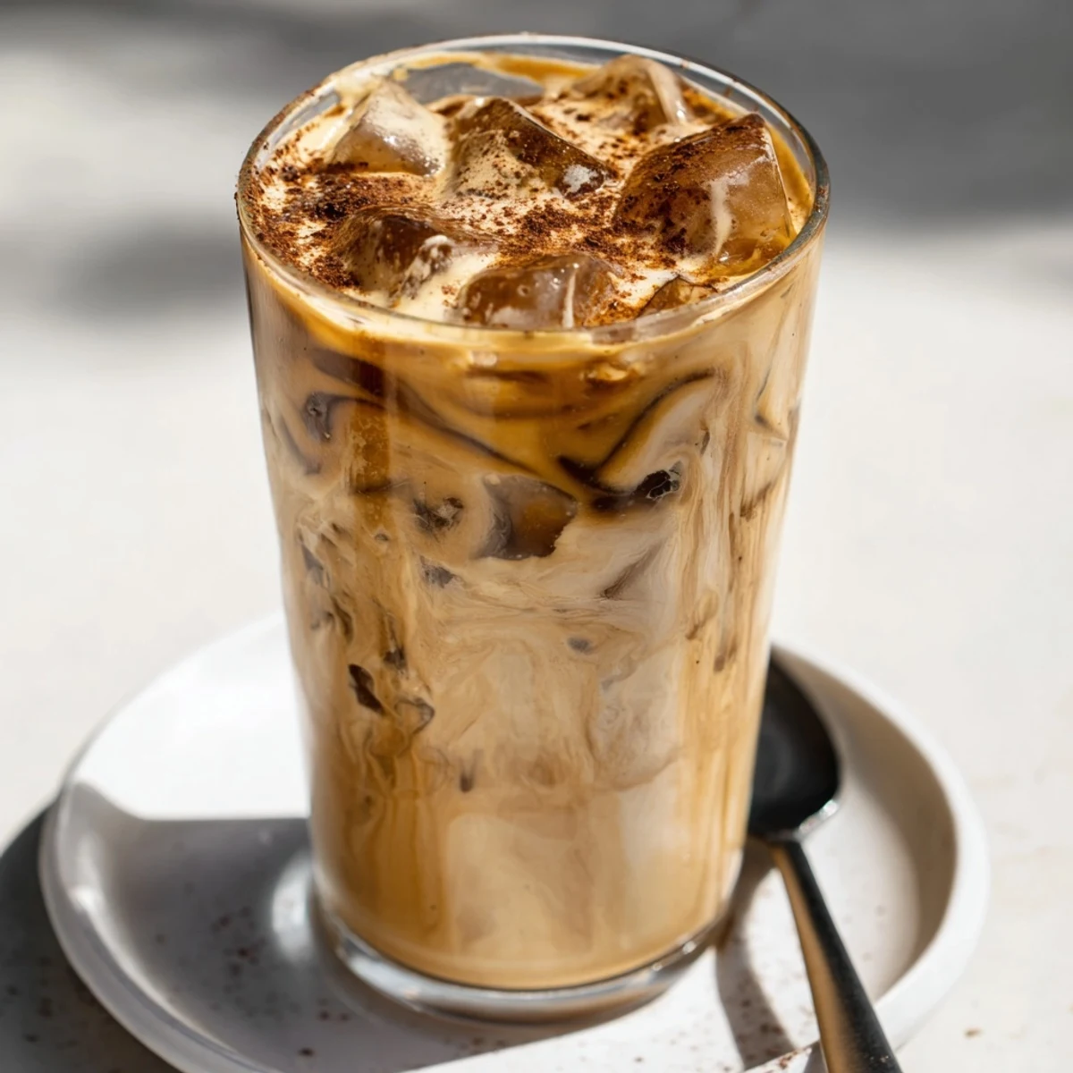 Creamy tahini iced coffee topped with almond milk and ice cubes.  