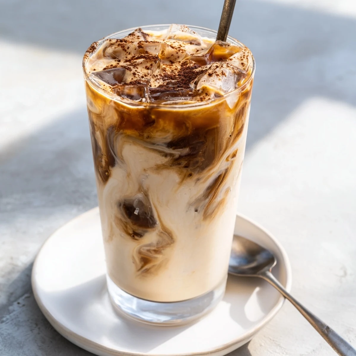 Refreshing vegan tahini iced coffee served tall, perfect for warm days.
