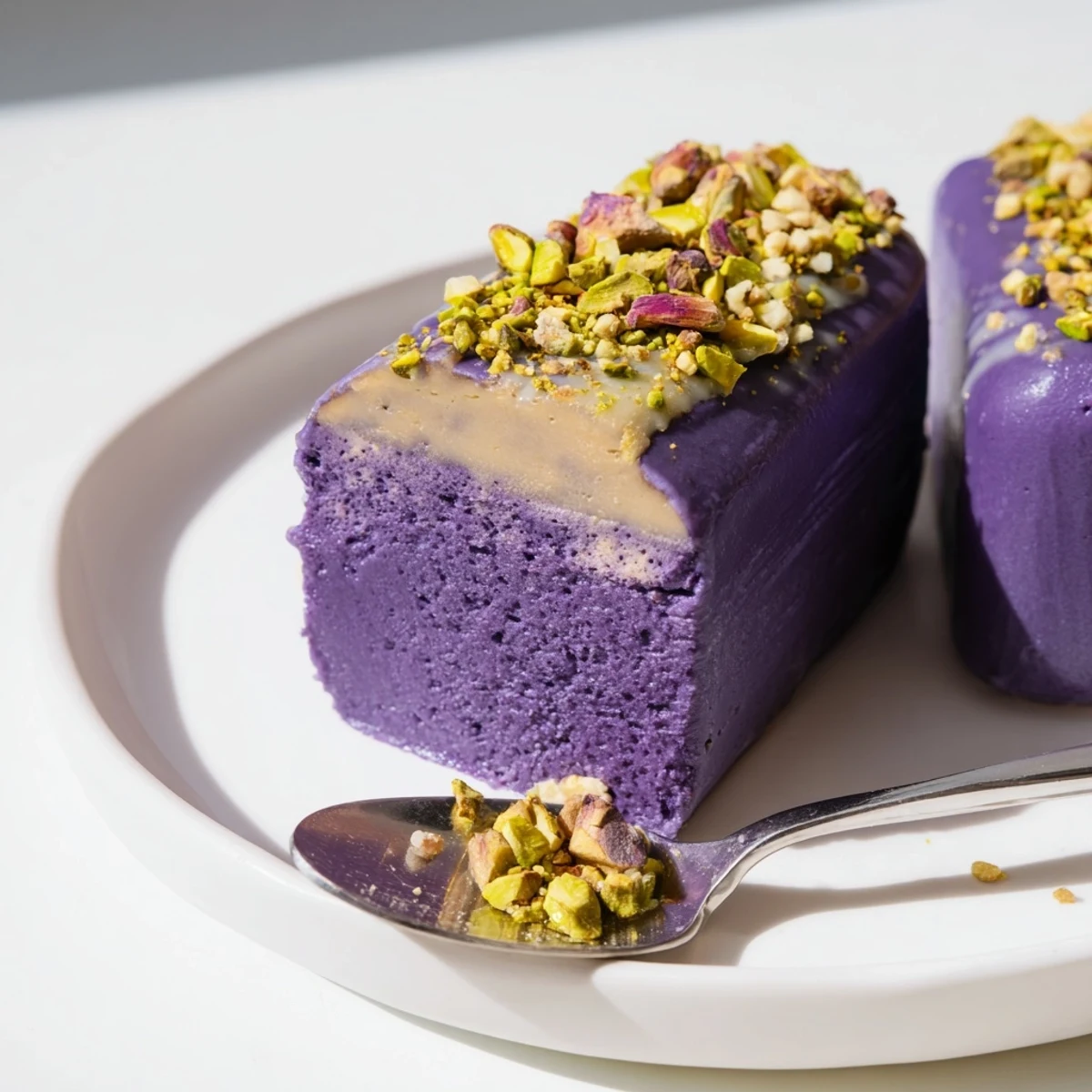 Vibrant ube and nutty pistachio layered ice cream bars drizzled with condensed milk.  