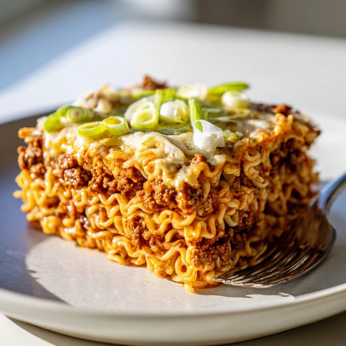 Delicious Spicy Ramen Lasagna with layers of savory pork, creamy cheese, and vibrant flavors.  