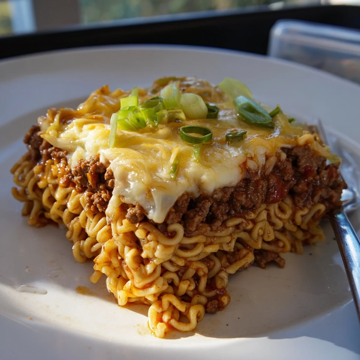 Fusion Spicy Ramen Lasagna featuring bold spices, melty cheese, and comforting noodle layers.