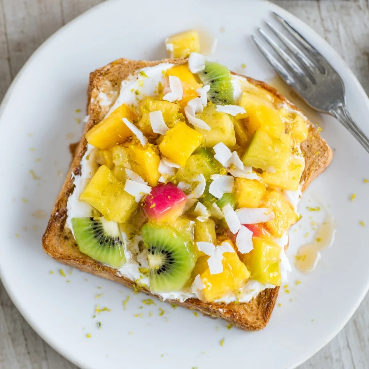 Delicious Yogurt-Custard Toast topped with tropical fruits for a vibrant breakfast treat.  