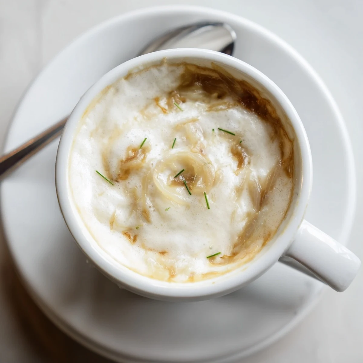 Creamy onion latte topped with frothy milk and a hint of sweetness.  