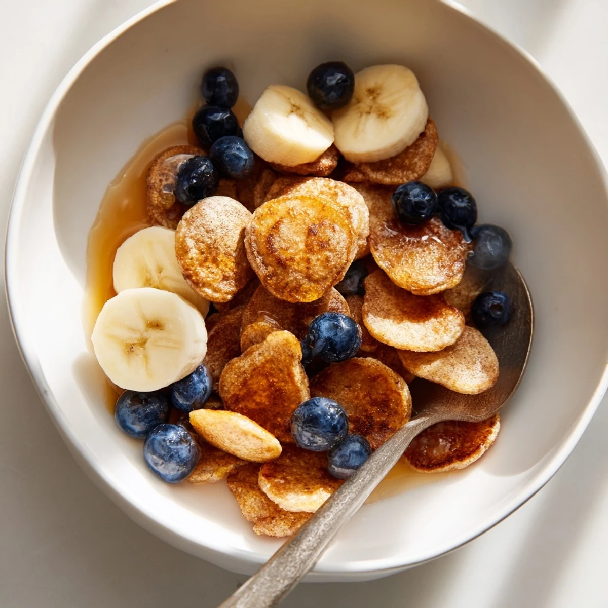 Bite-sized mini pancakes resembling cereal, perfect for breakfast with milk or honey.  