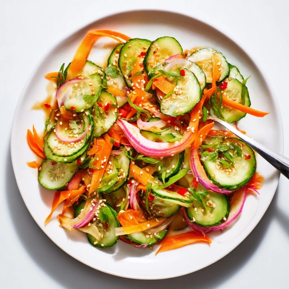Refreshing cucumber salad remix drizzled with sesame oil and tangy fish sauce.  