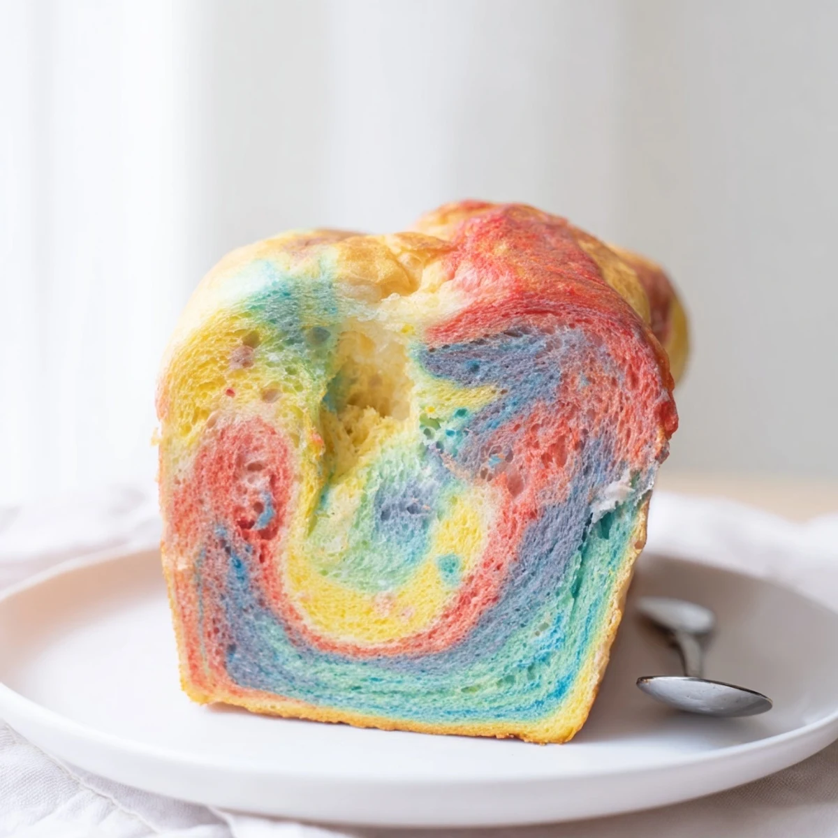 Fluffy rainbow cloud bread, vibrant and colorful, perfect for cheerful breakfast treats.  