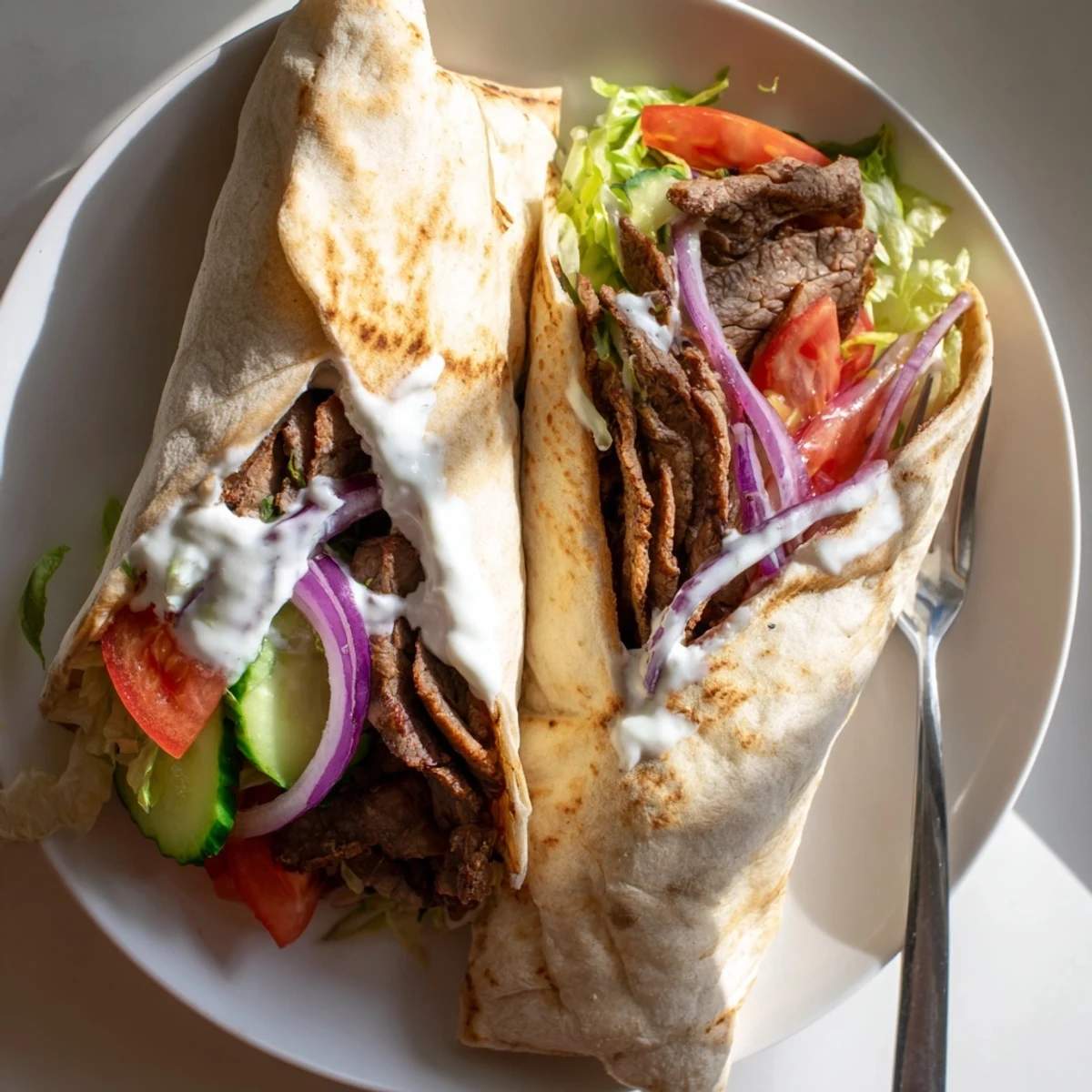 Juicy Beef Shawarma Wraps with creamy yogurt sauce and fresh veggie delights.  