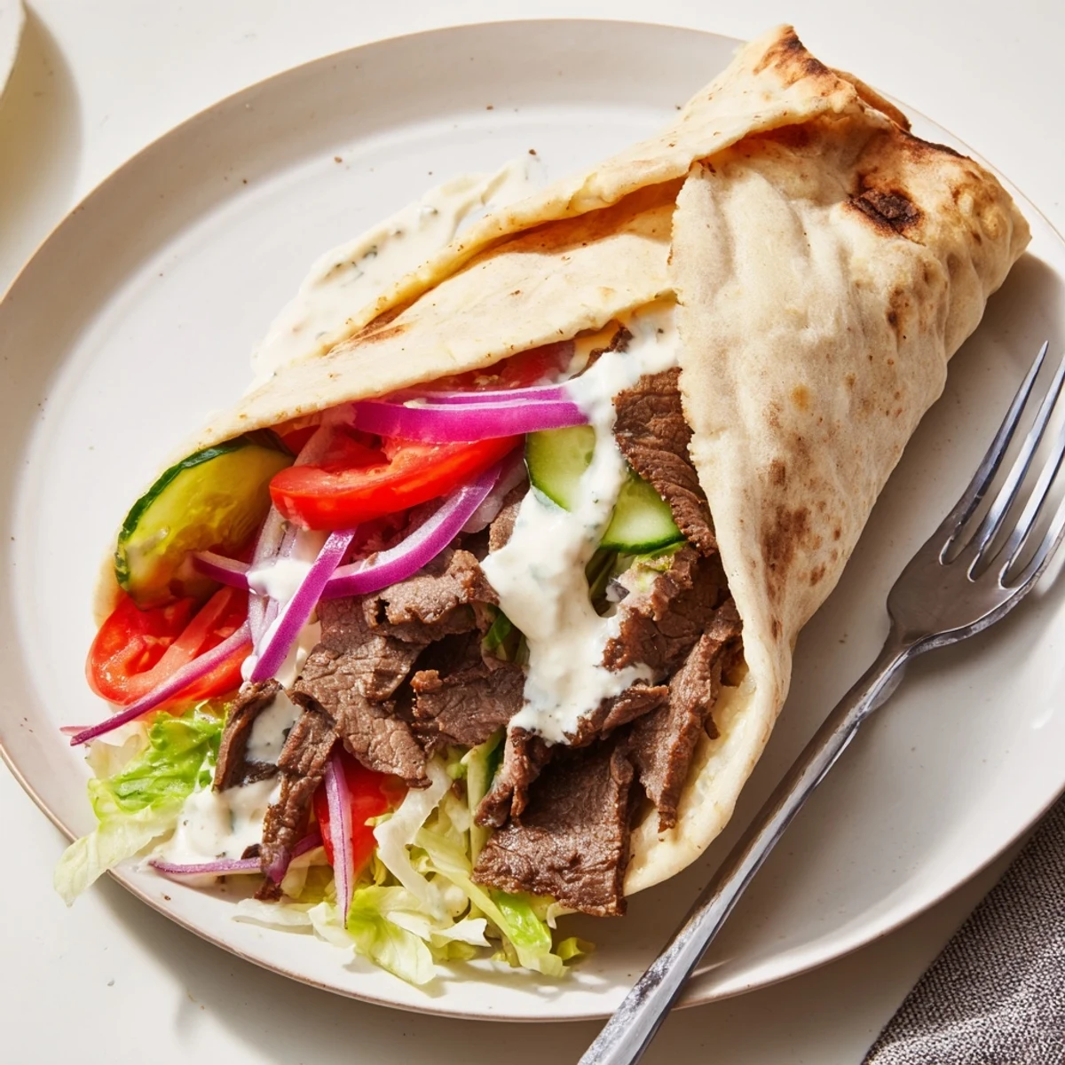 Hearty Beef Shawarma Wraps topped with vibrant vegetables and zesty yogurt sauce.