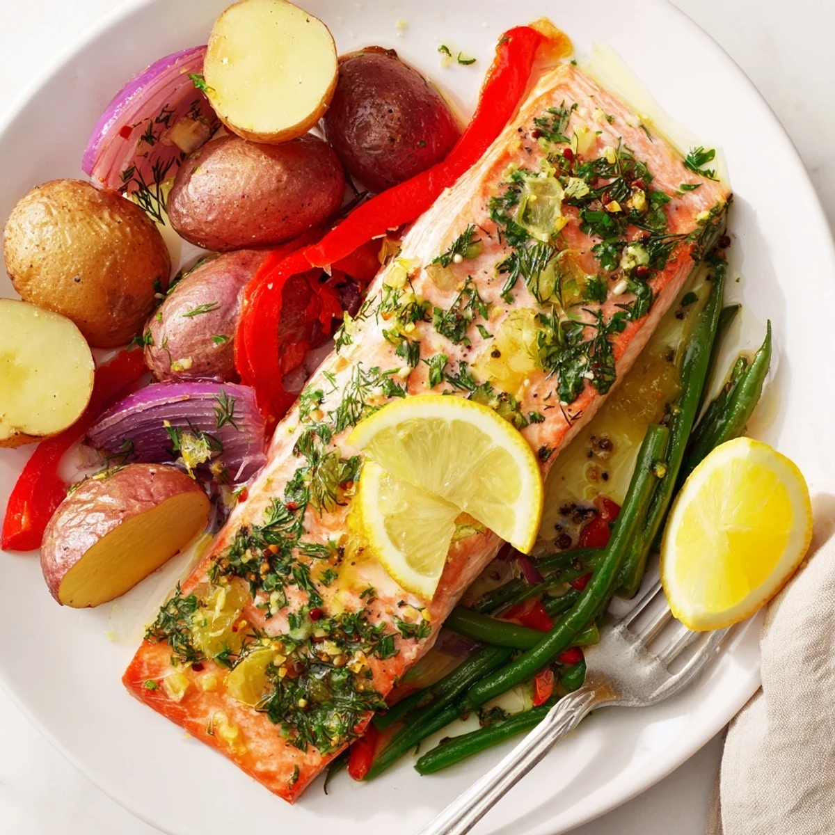 Lemon Herb Salmon & Potato Sheet Pan featuring vibrant vegetables and crispy potatoes.  