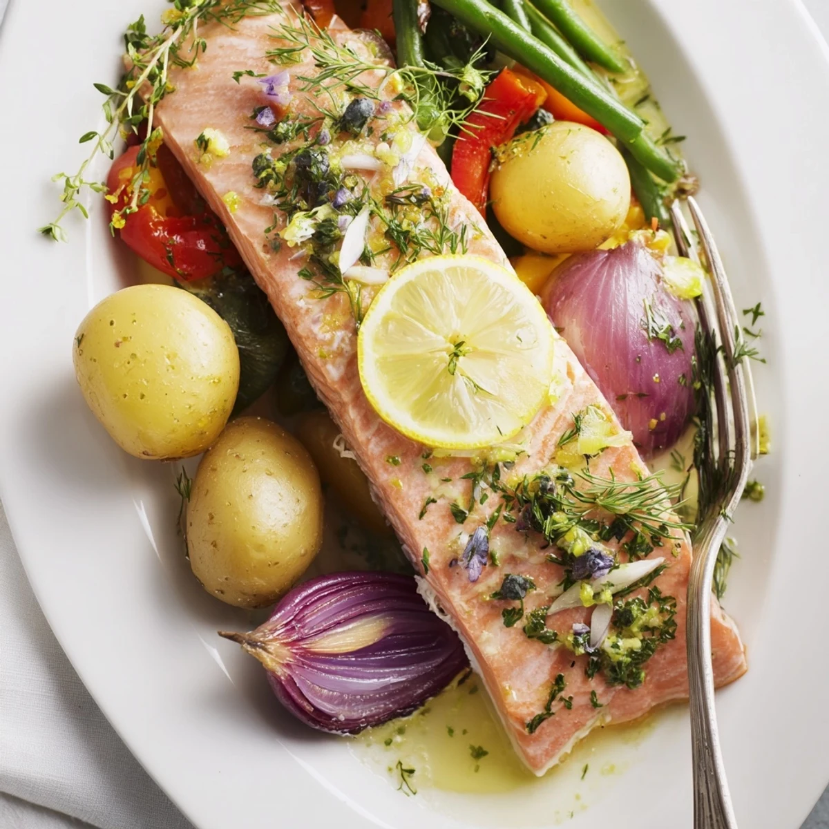 Ideal Lemon Herb Salmon & Potato Sheet Pan served with lemon wedges and fresh herbs.  
