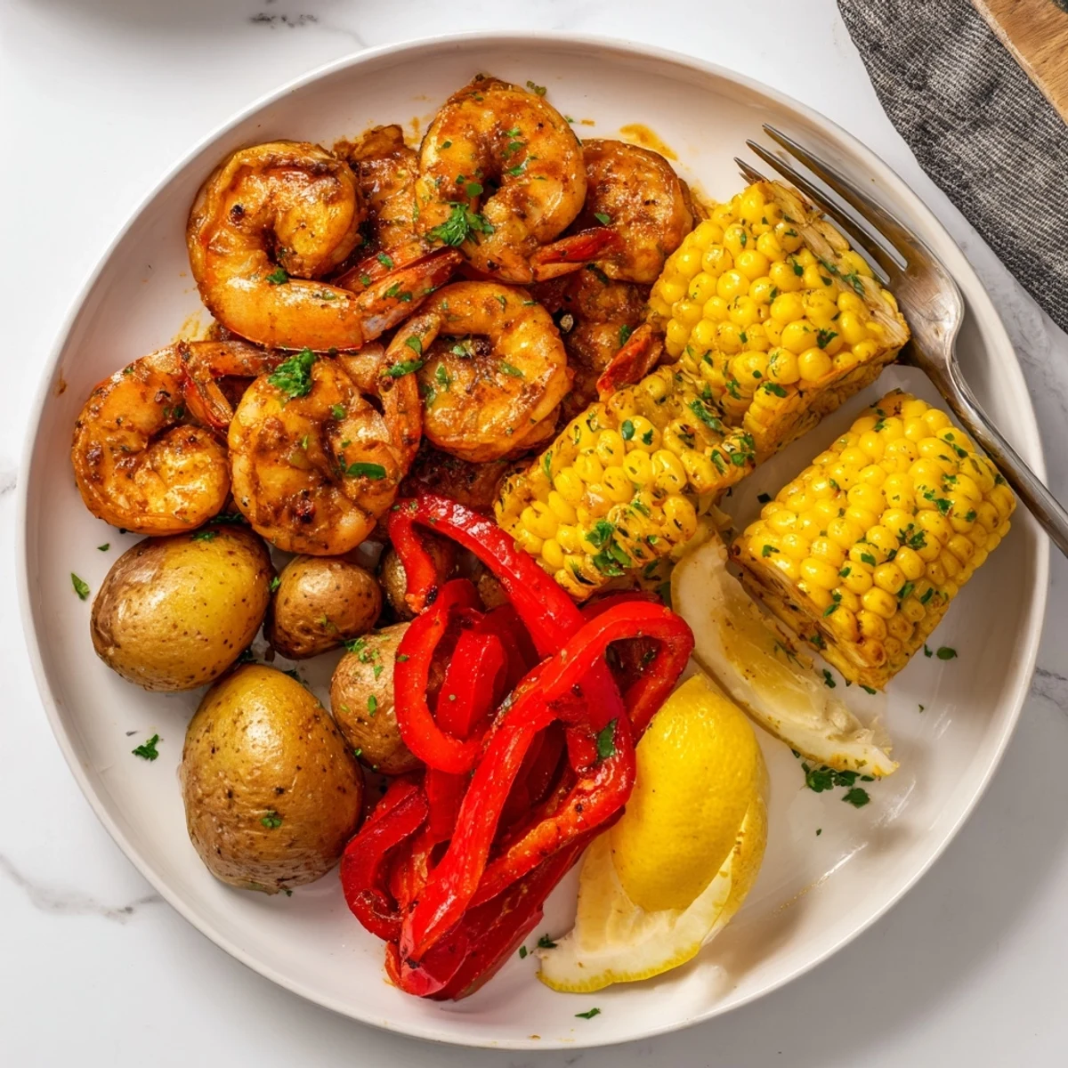 Vibrant Cajun Shrimp & Sweet Corn Platter with smoky spices and fresh herbs.  