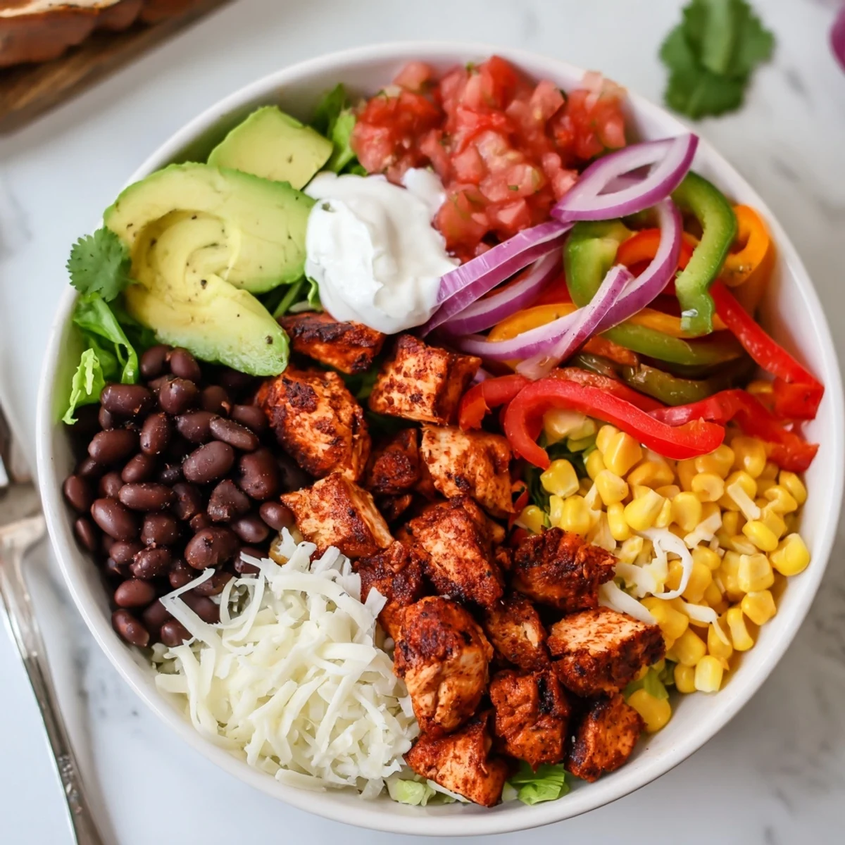 Vibrant Sheet Pan Chicken Burrito Bowls with roasted veggies and zesty toppings ready to enjoy.  