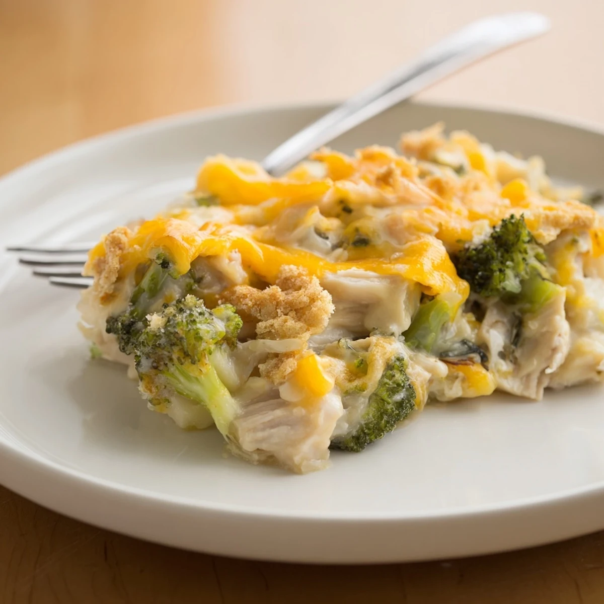 Creamy Chicken & Broccoli Cheddar Bake topped with golden breadcrumbs and melted cheese.  