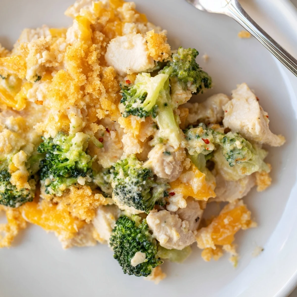Hearty Chicken & Broccoli Cheddar Bake, a comforting casserole perfect for family dinners.