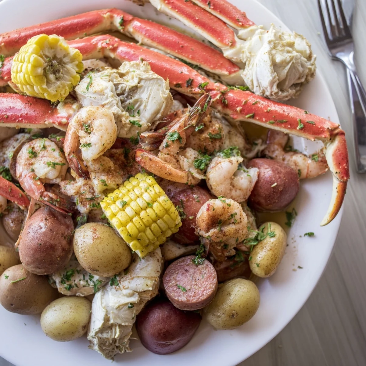 Flavorful seafood boil with crab, shrimp, and spicy sausage on a platter.  