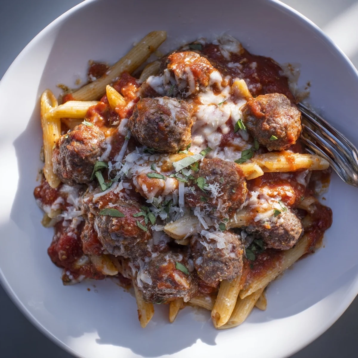 Hearty Italian Meatball Pasta Skillet topped with melted cheese and fresh basil.  