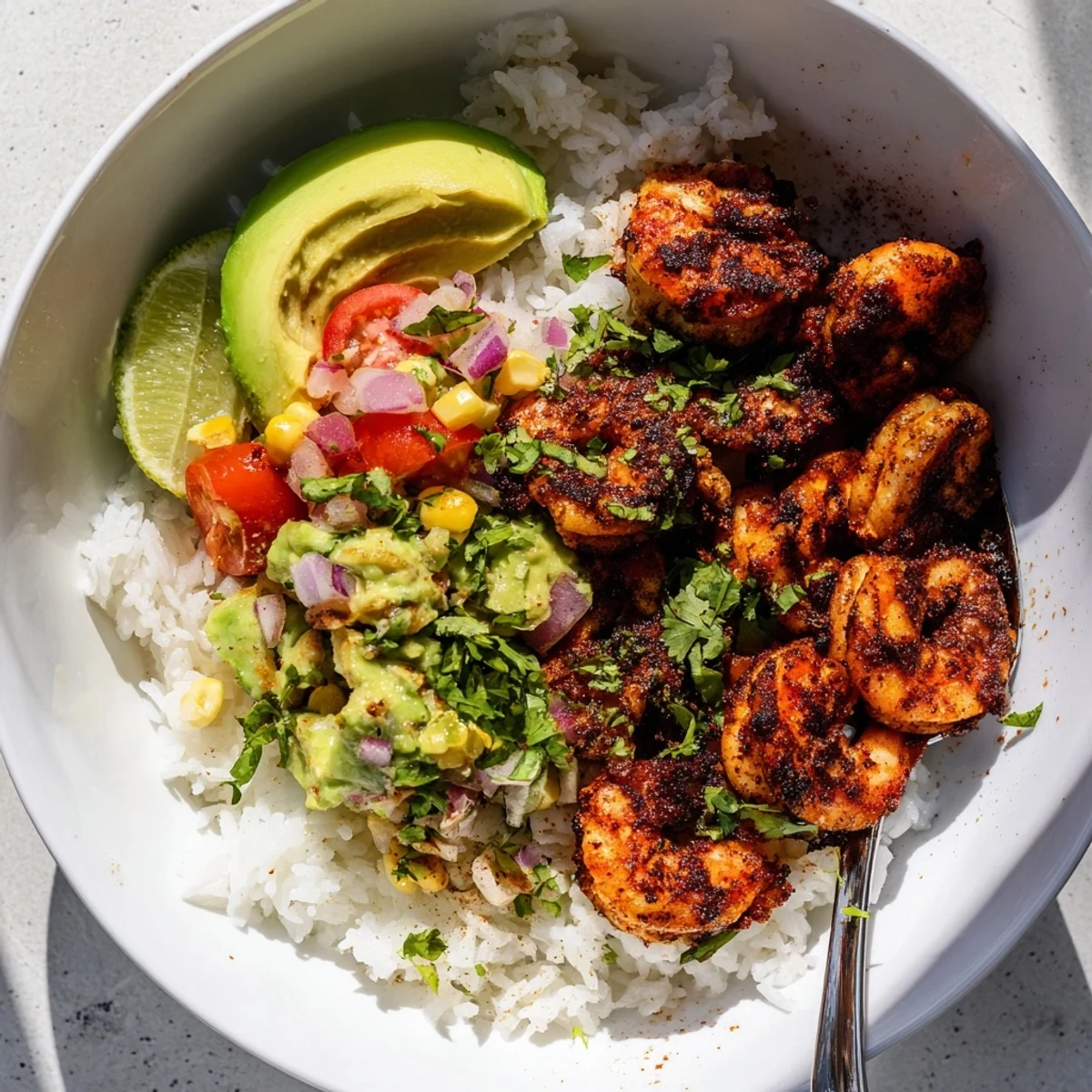 Spicy blackened shrimp bowl served with creamy avocado corn salsa and rice.  