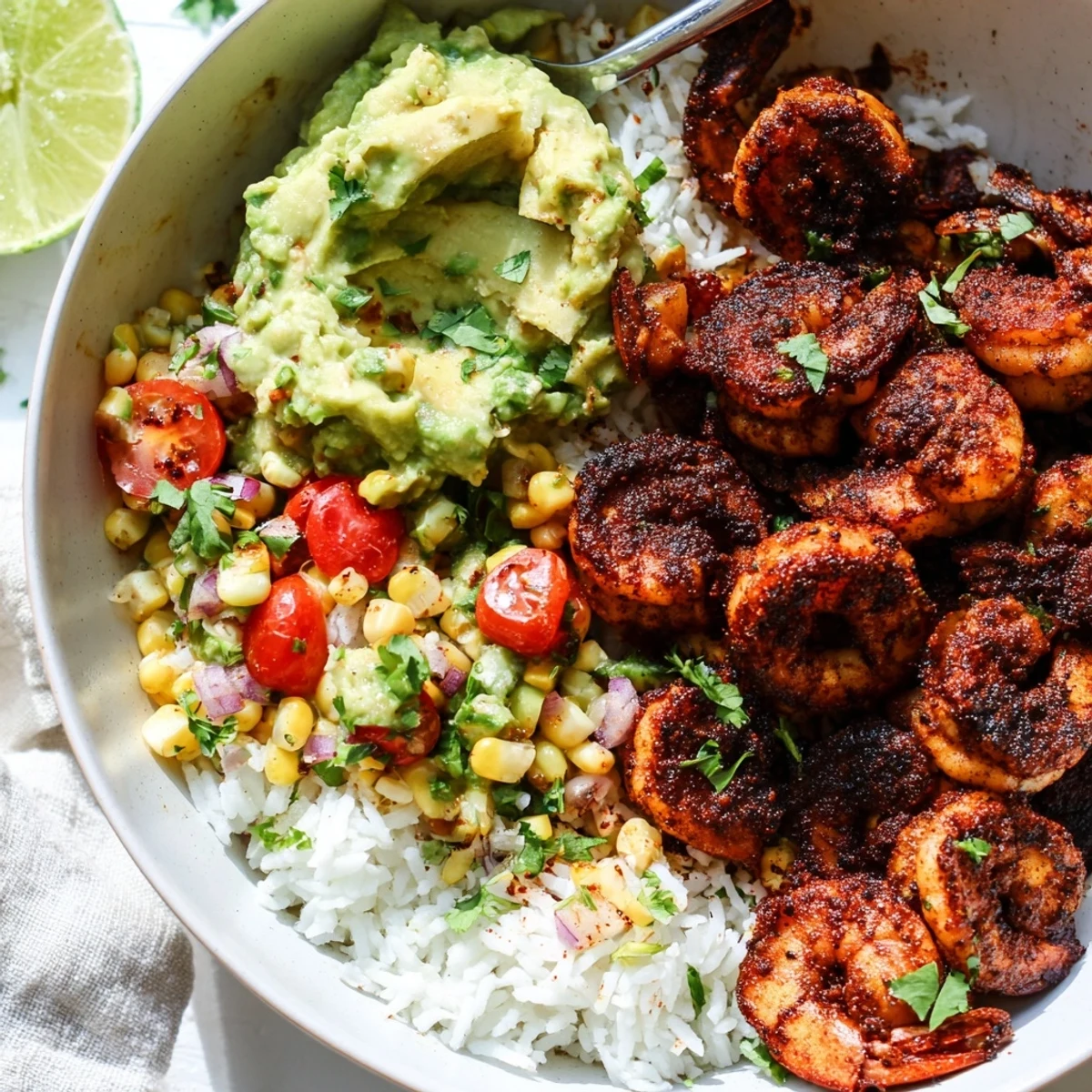 Flavorful blackened shrimp bowl topped with fresh avocado corn salsa and lime wedges.  