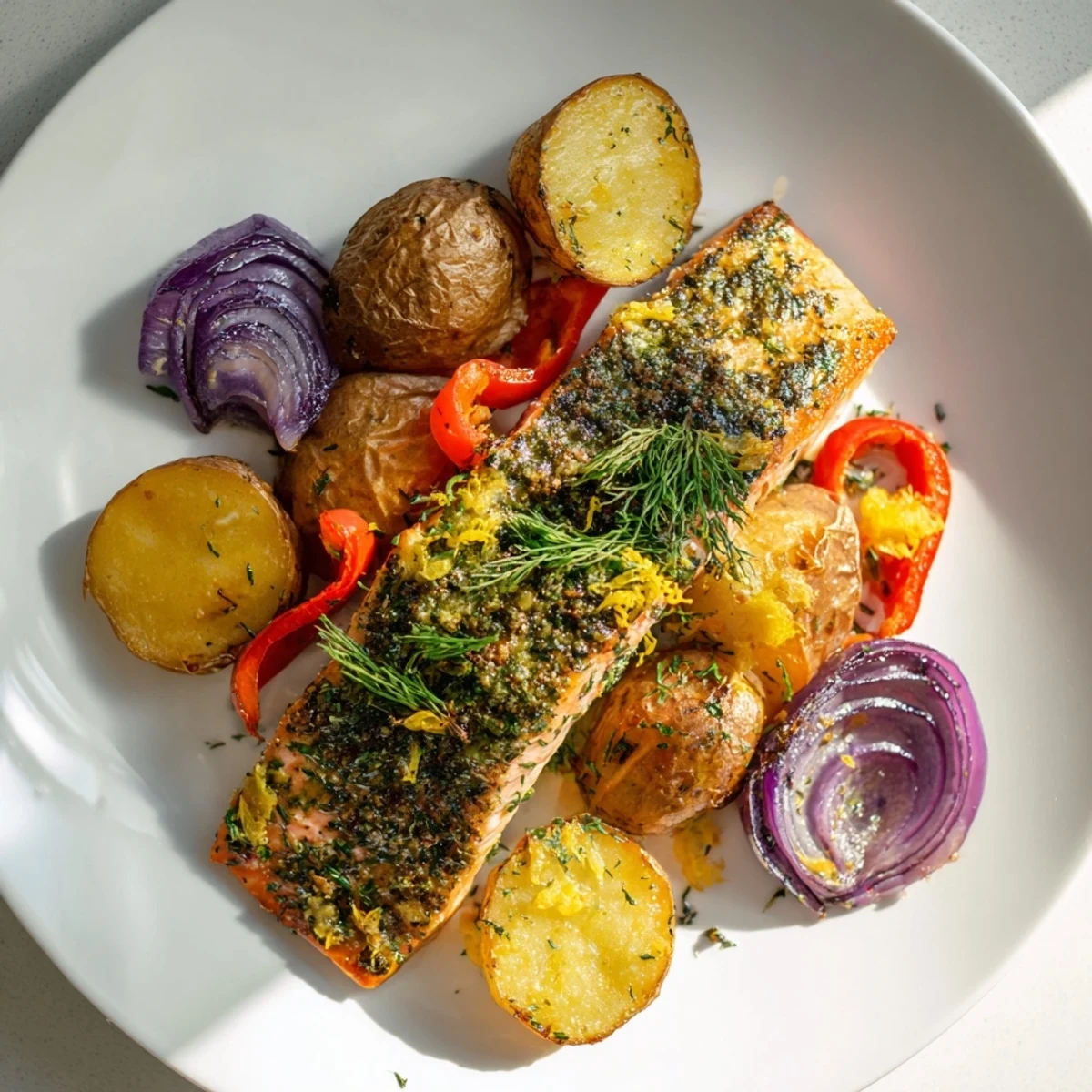 Vibrant image shows juicy Lemon Herb Salmon & Potato Sheet Pan, garnished with fresh lemon wedges.
