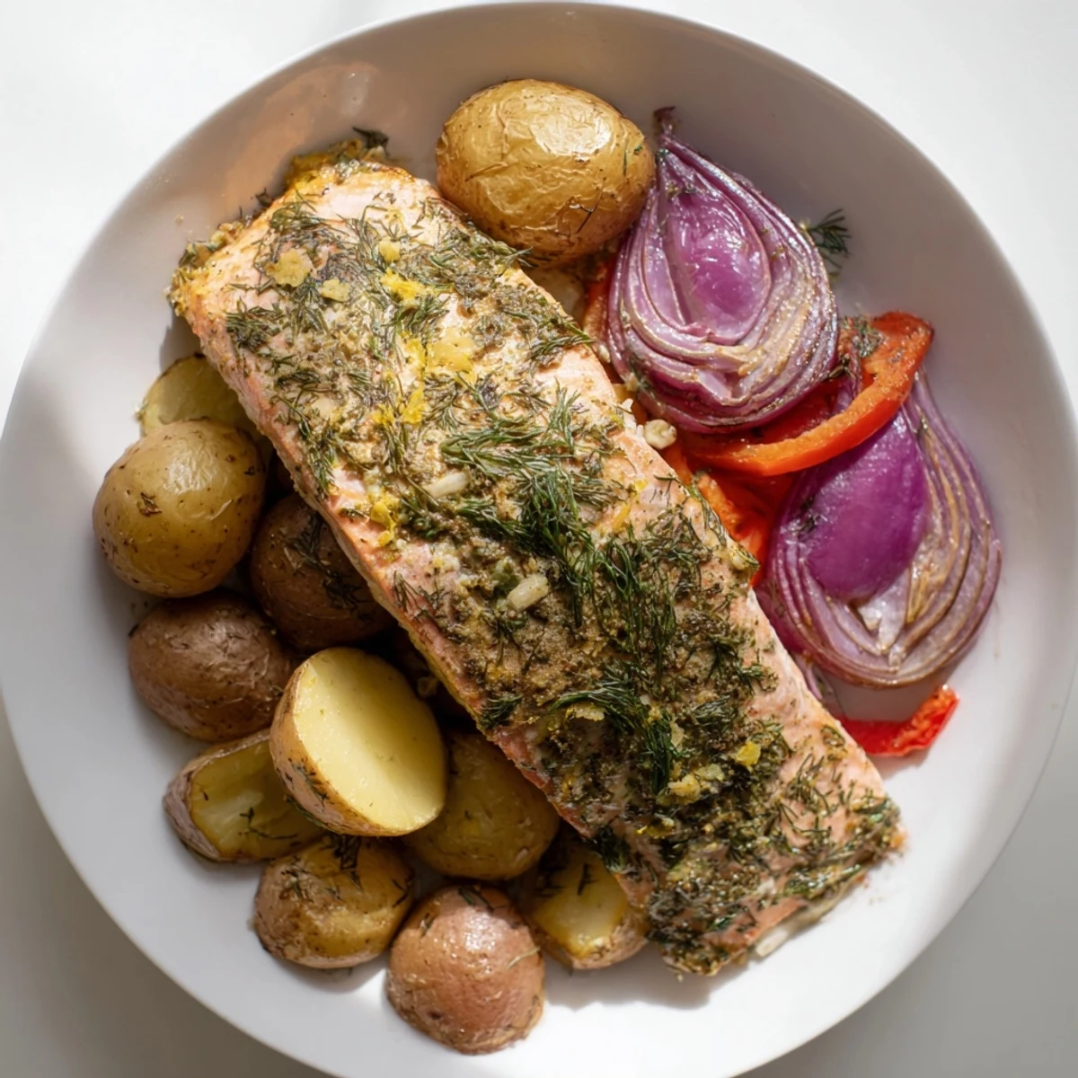 Freshly baked Lemon Herb Salmon & Potato Sheet Pan offers a healthy, flavorful, and easy dinner option.