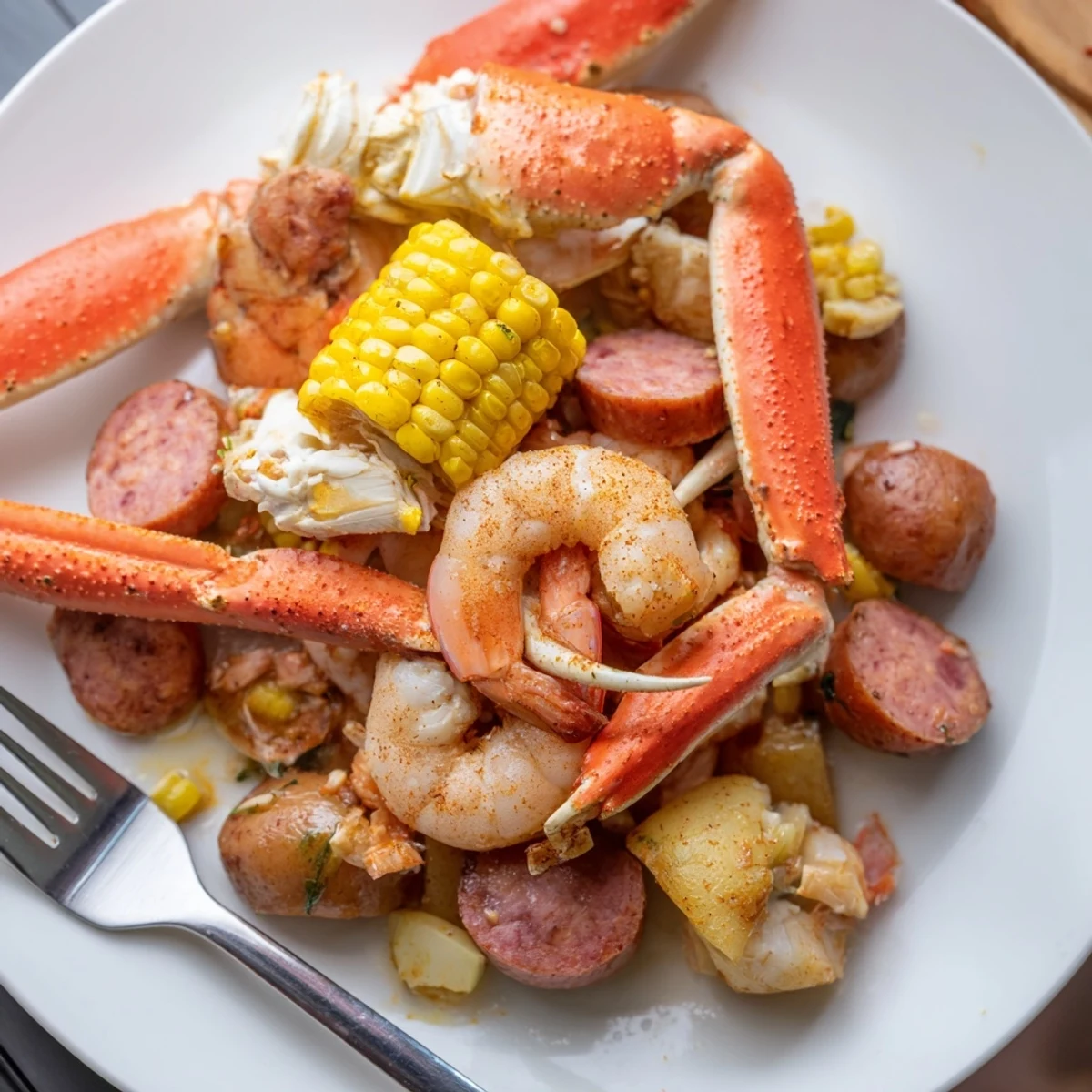 A delicious, close-up view of a Southern Seafood Boil piled high with crab legs.
