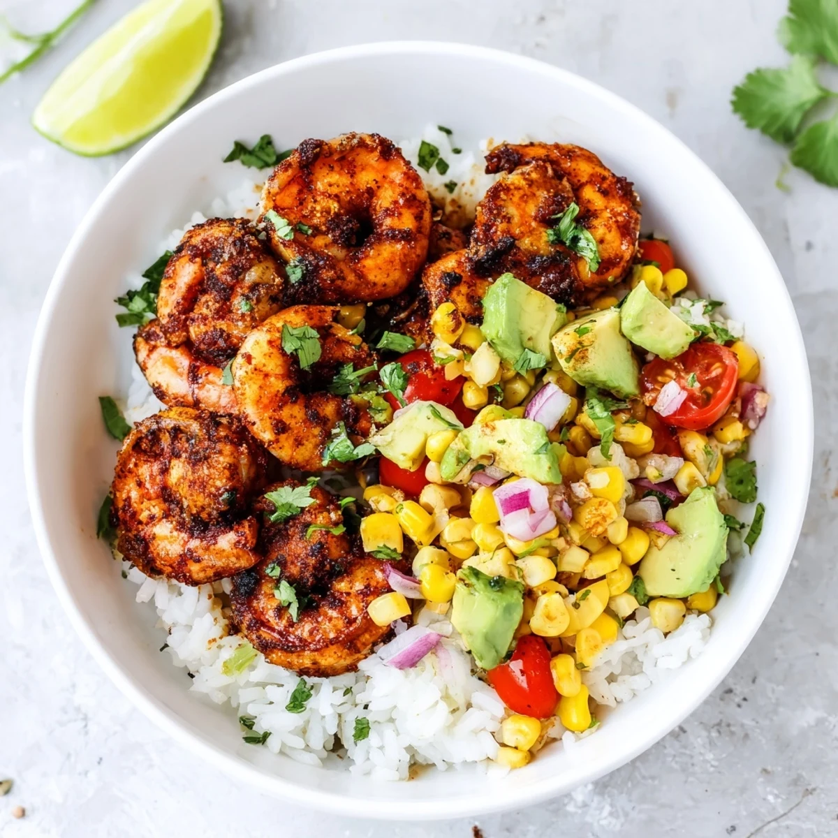 Savory, spicy Blackened Shrimp Bowl with vibrant salsa; imagine the juicy shrimp and fresh flavors.