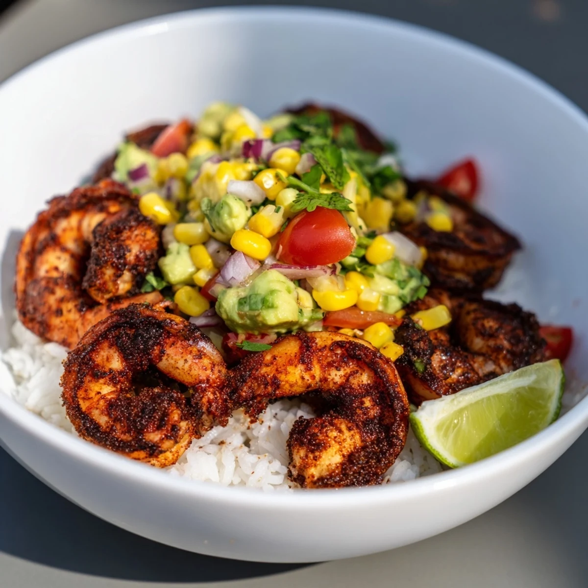 Steaming bowl filled with the colorful Blackened Shrimp Bowl, topped with fresh avocado corn salsa.