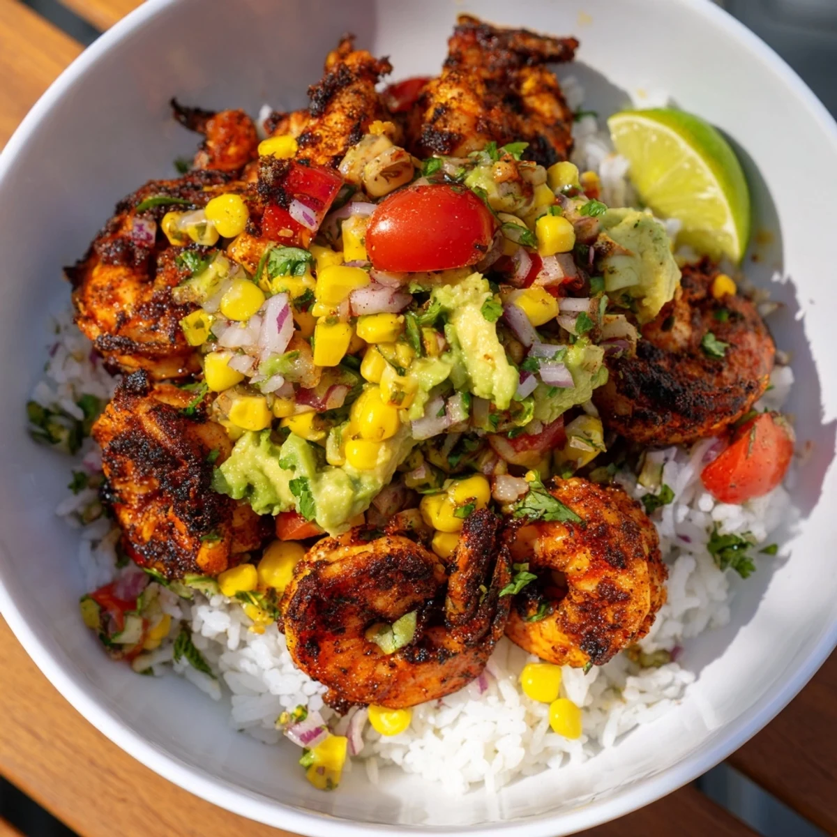 A delicious Blackened Shrimp Bowl with glistening shrimp, fresh corn, and a zesty lime wedge.