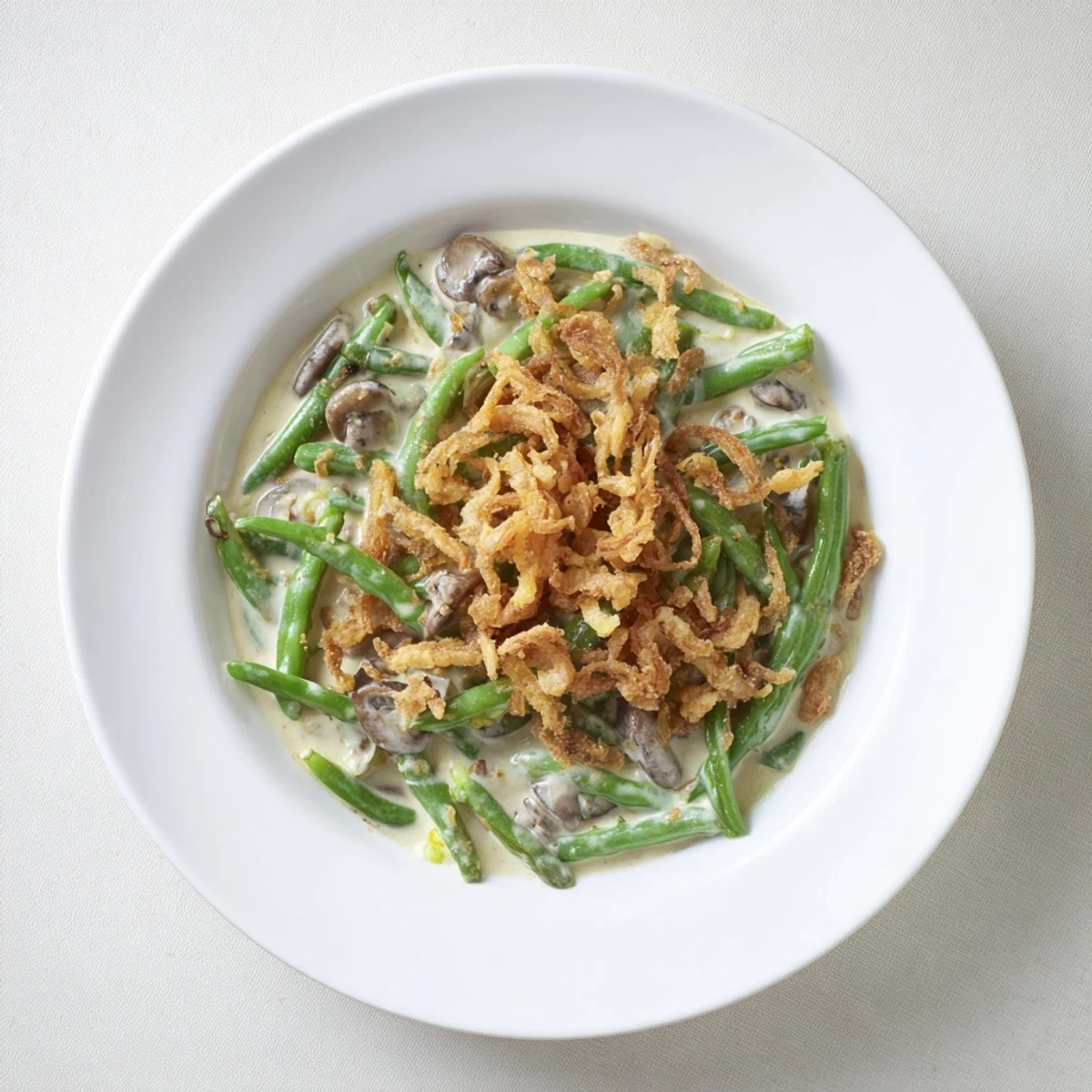 Homemade Old-School Green Bean Casserole: Tender green beans in a rich sauce, ready to serve with family.