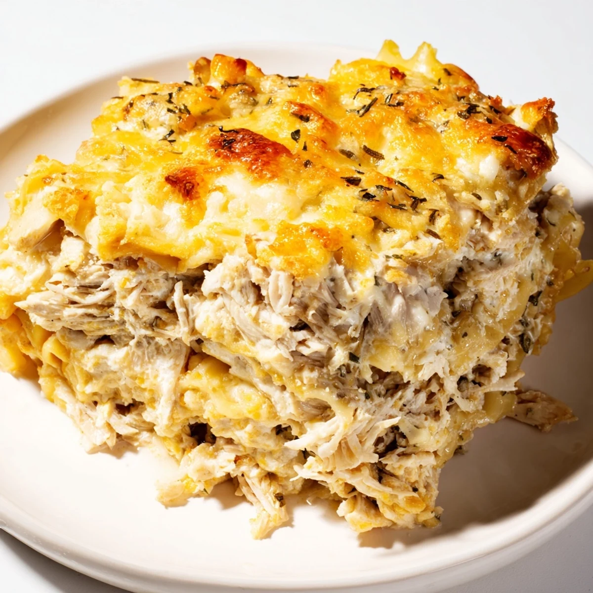 Golden-brown Rosemary Chicken Lasagna topped with bubbly mozzarella, promising a delicious Italian feast.