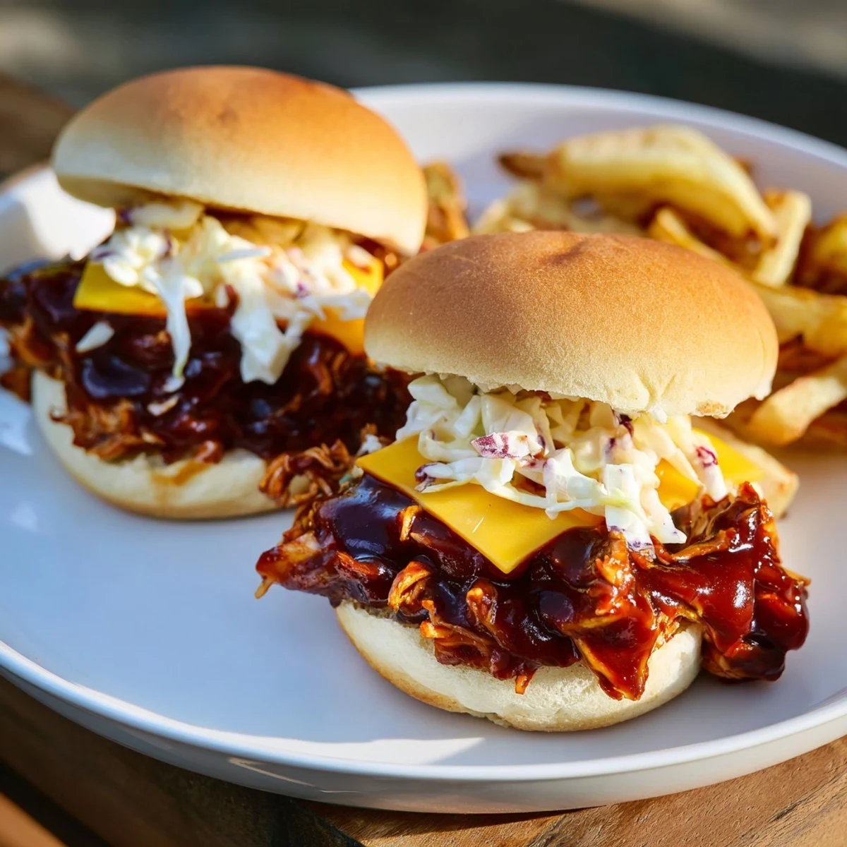Golden-brown BBQ Chicken Sliders are nestled on toasted buns, paired with a side of crispy fries.