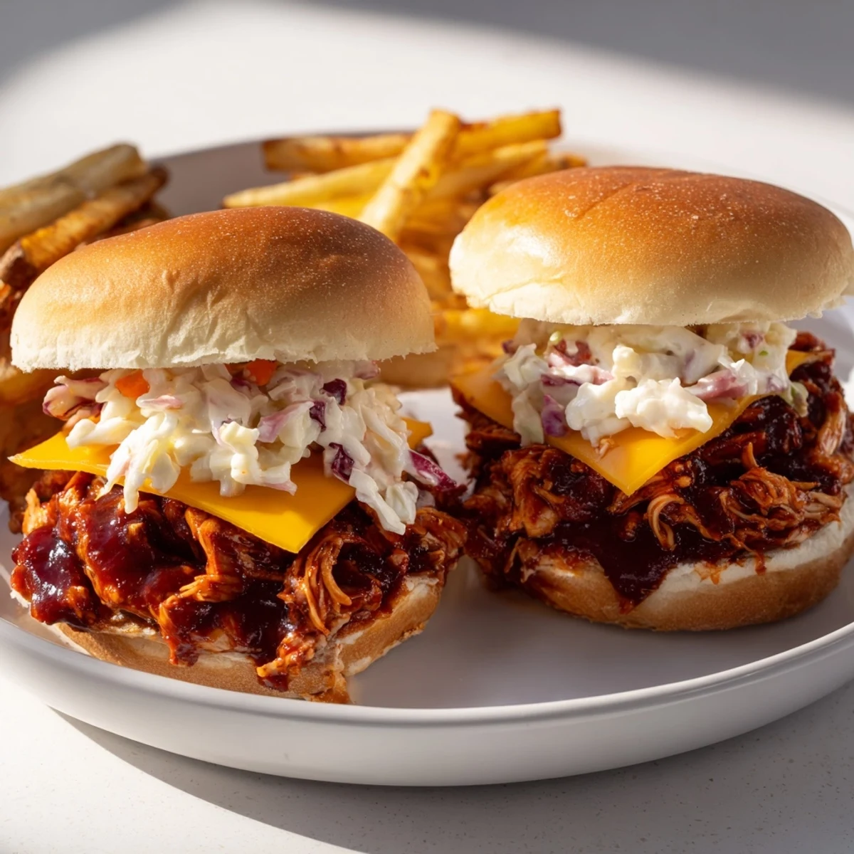 A plate of fresh BBQ Chicken Sliders and fries, a delightful American comfort food meal.