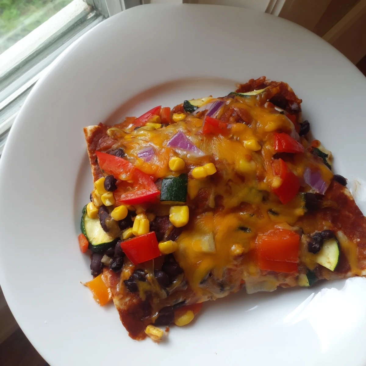 Farmers Market Vegetarian Enchiladas bubbling with cheese, covered in vibrant red enchilada sauce, ready to serve.