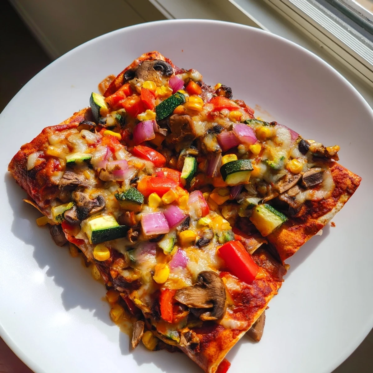 A close-up shot of cheesy Farmers Market Vegetarian Enchiladas, overflowing with colorful, roasted vegetables.