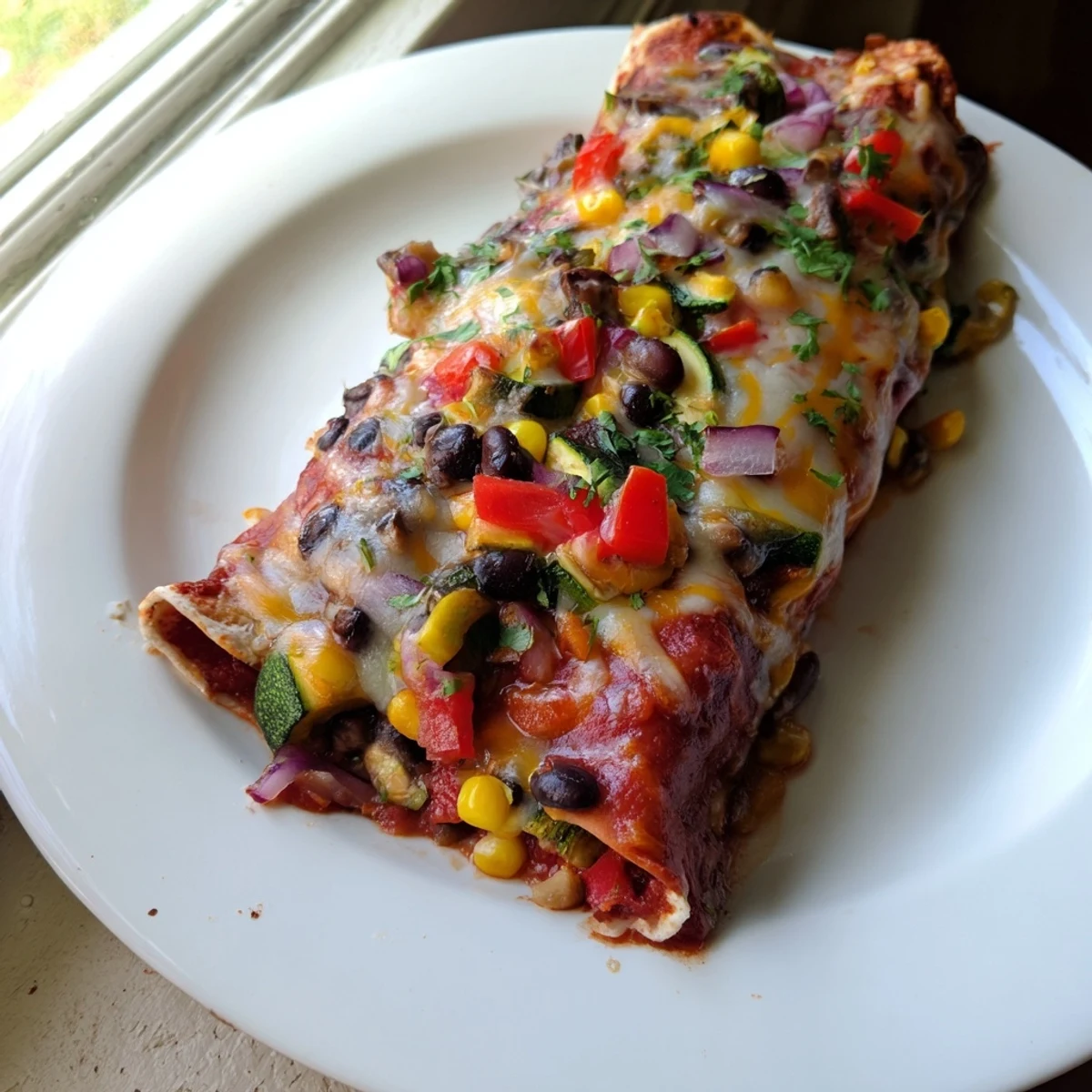 Homemade Farmers Market Vegetarian Enchiladas, baked to perfection, sprinkled with cilantro and perfect for sharing.