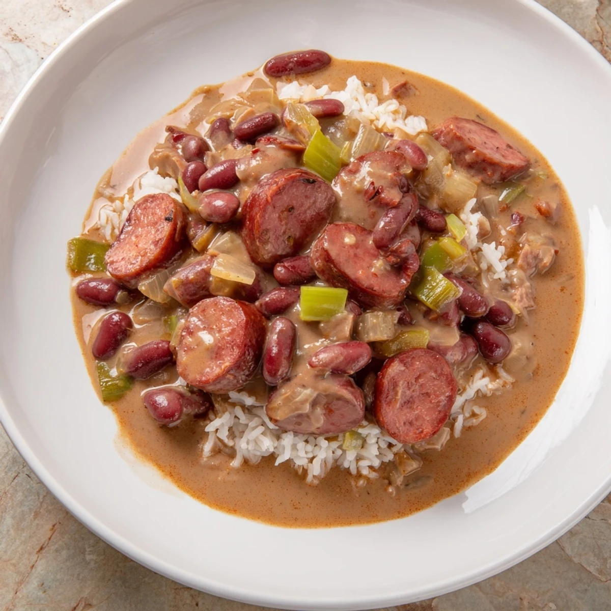 Hearty Red Beans & Rice, garnished with fresh herbs, a delicious Southern classic with smoky flavors.
