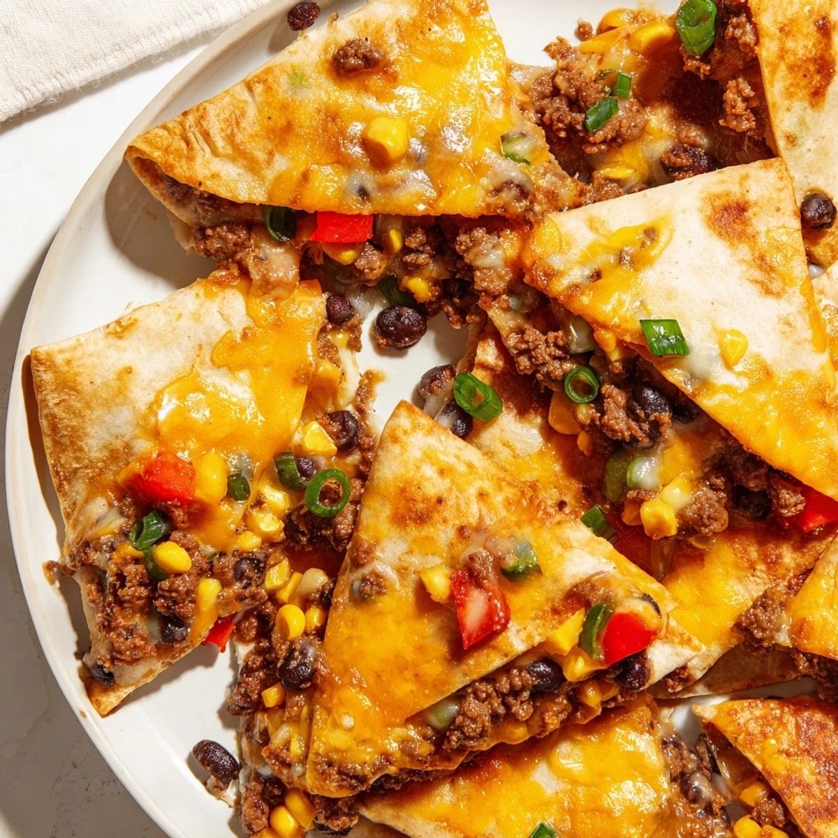 Golden, cheesy Sheet Pan Quesadillas with beef, filled with savory beef and vibrant vegetables, ready to serve.