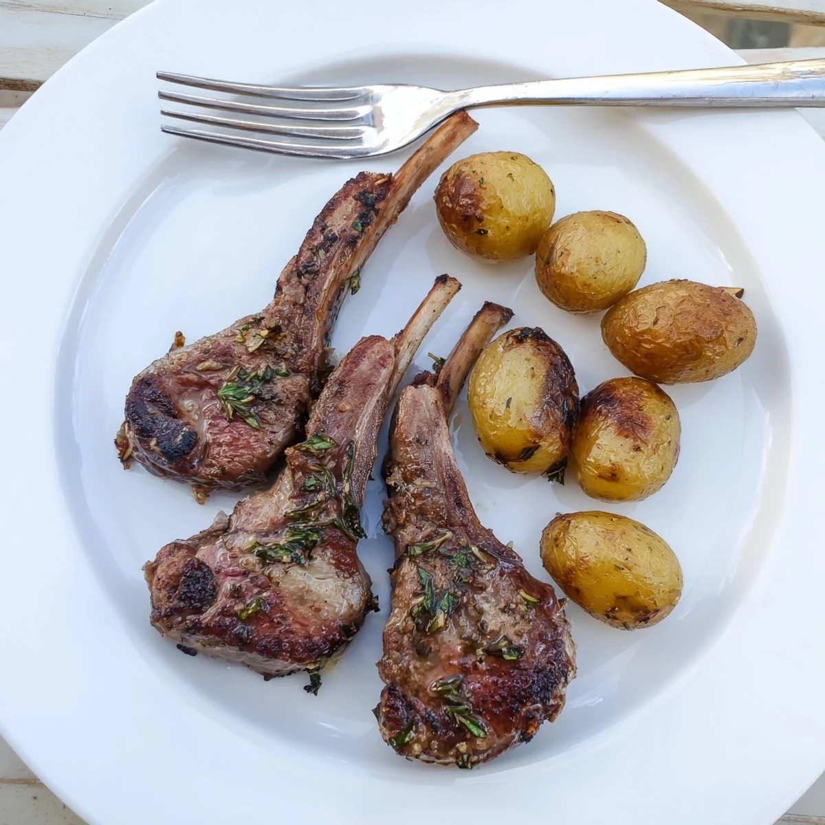 Herbed Lamb Chops & Roasted Potatoes, seared and plated with crispy, golden potatoes and fresh parsley.