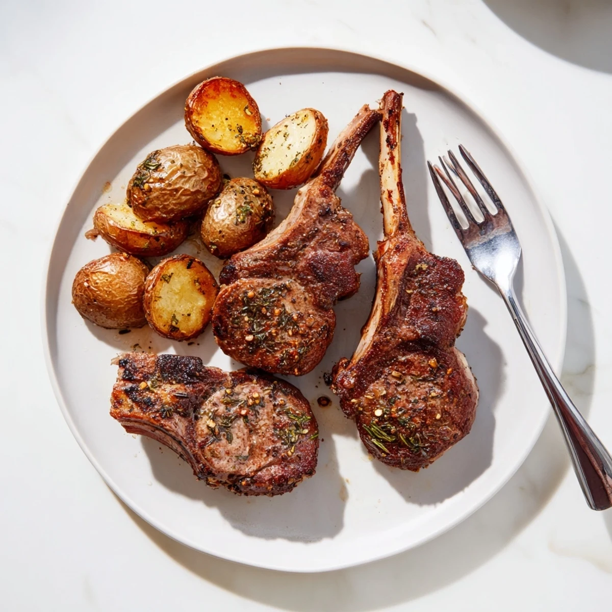 A plate of flavorful herbed lamb chops alongside a bed of rustic roasted potatoes, ready to be enjoyed.