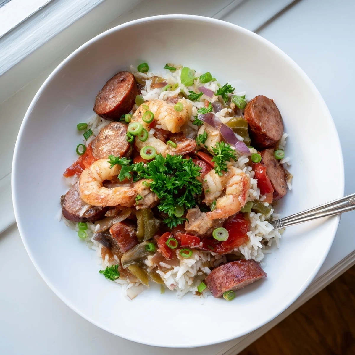 A close-up shot of the flavorful Cajun Jambalaya Rice Bowl, aromatic spices and tender rice are visible.