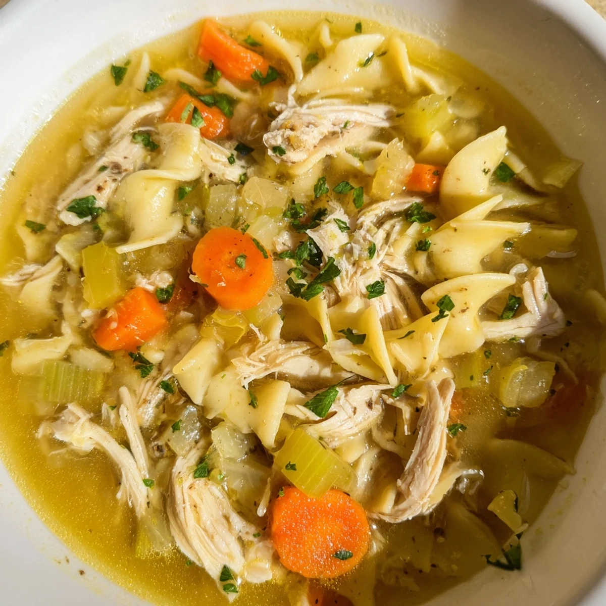 Steaming bowl of homemade chicken noodle soup, brimming with tender chicken and fresh parsley.