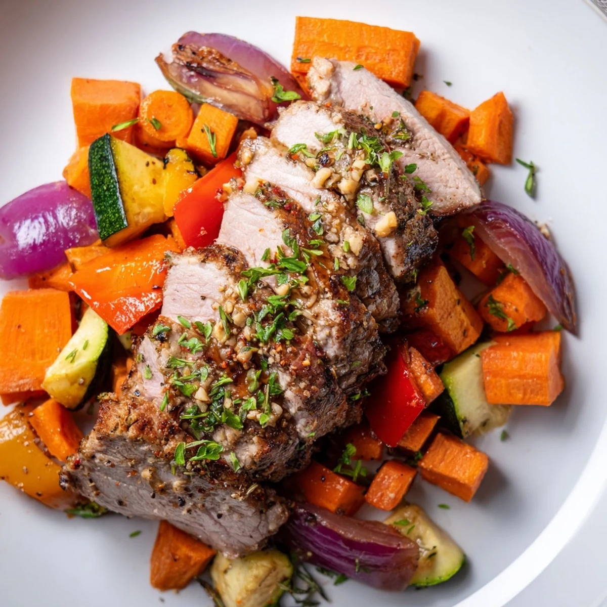 Perfectly roasted garlic pork tenderloin surrounded by colorful, caramelized roasted vegetables, ready to serve.