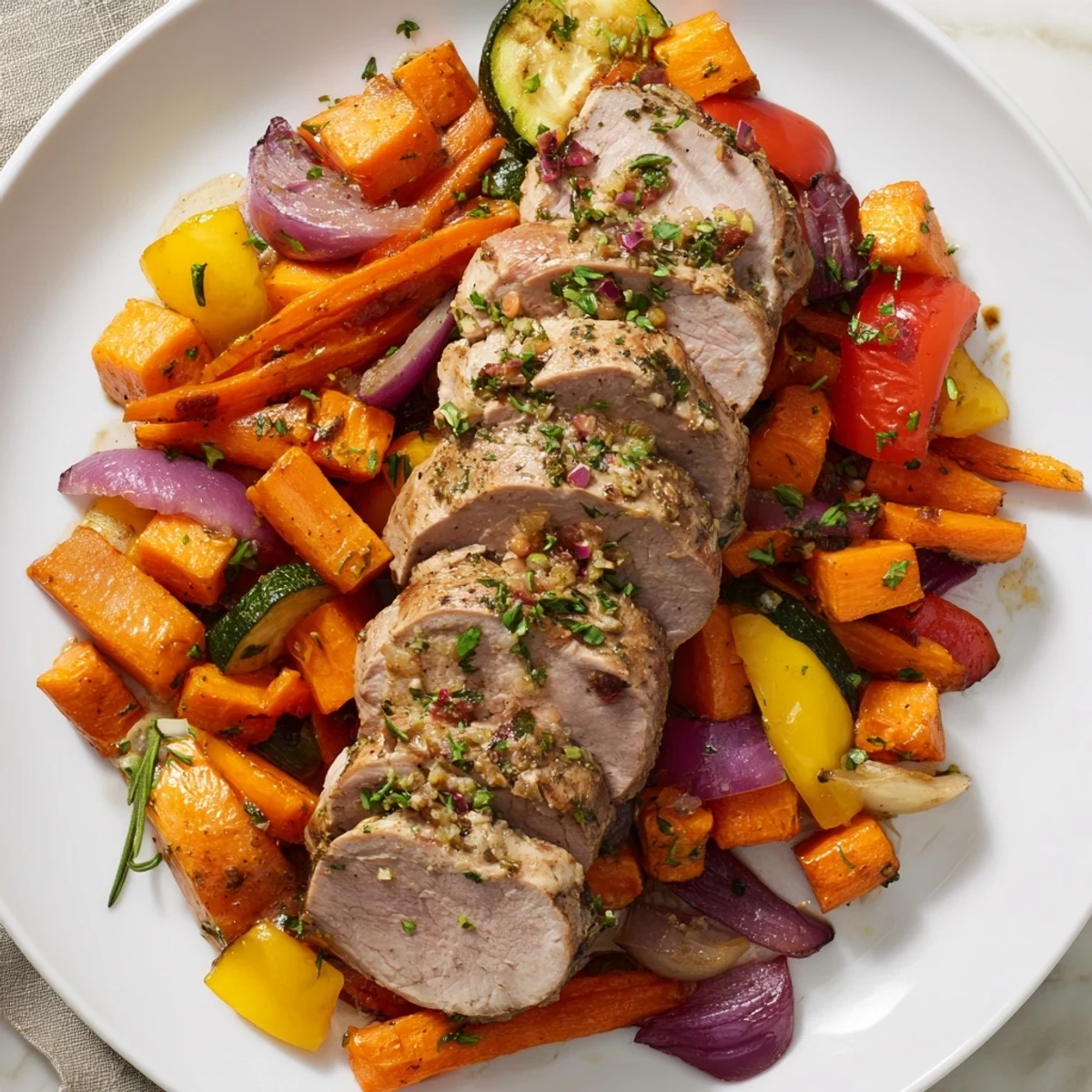 Golden-brown Roasted Garlic Pork Tenderloin sliced and served with a medley of perfectly cooked vegetables; a flavorful meal.