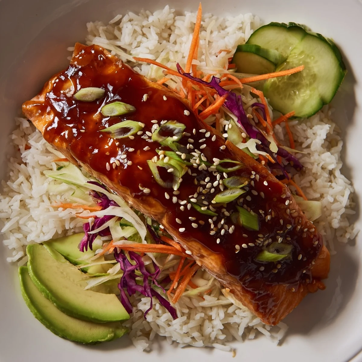 Sweet Chili Salmon Rice Bowl with glistening glaze, fresh vegetables, and fluffy rice.
