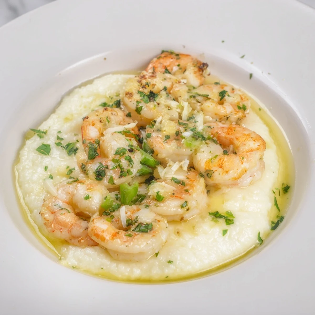 Creamy Shrimp & Grits with garlic butter—a Southern comfort food delight, perfectly plated for you.