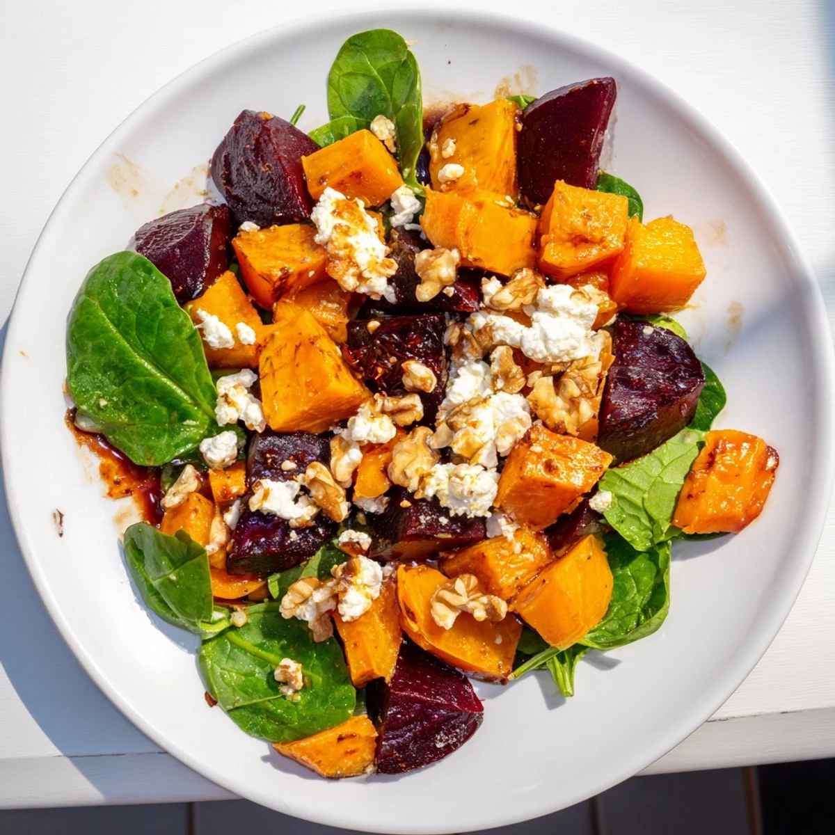 Roasted Beet, Butternut & Spinach Salad, a stunning vegetarian dish with colorful roasted veggies.
