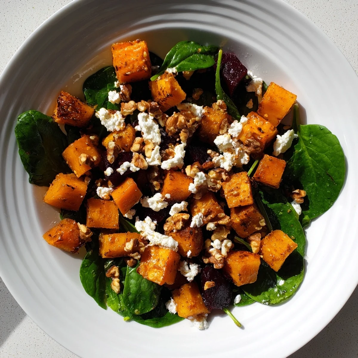 Hearty Roasted Beet, Butternut & Spinach Salad brimming with caramelized squash, spinach, and a tangy dressing.