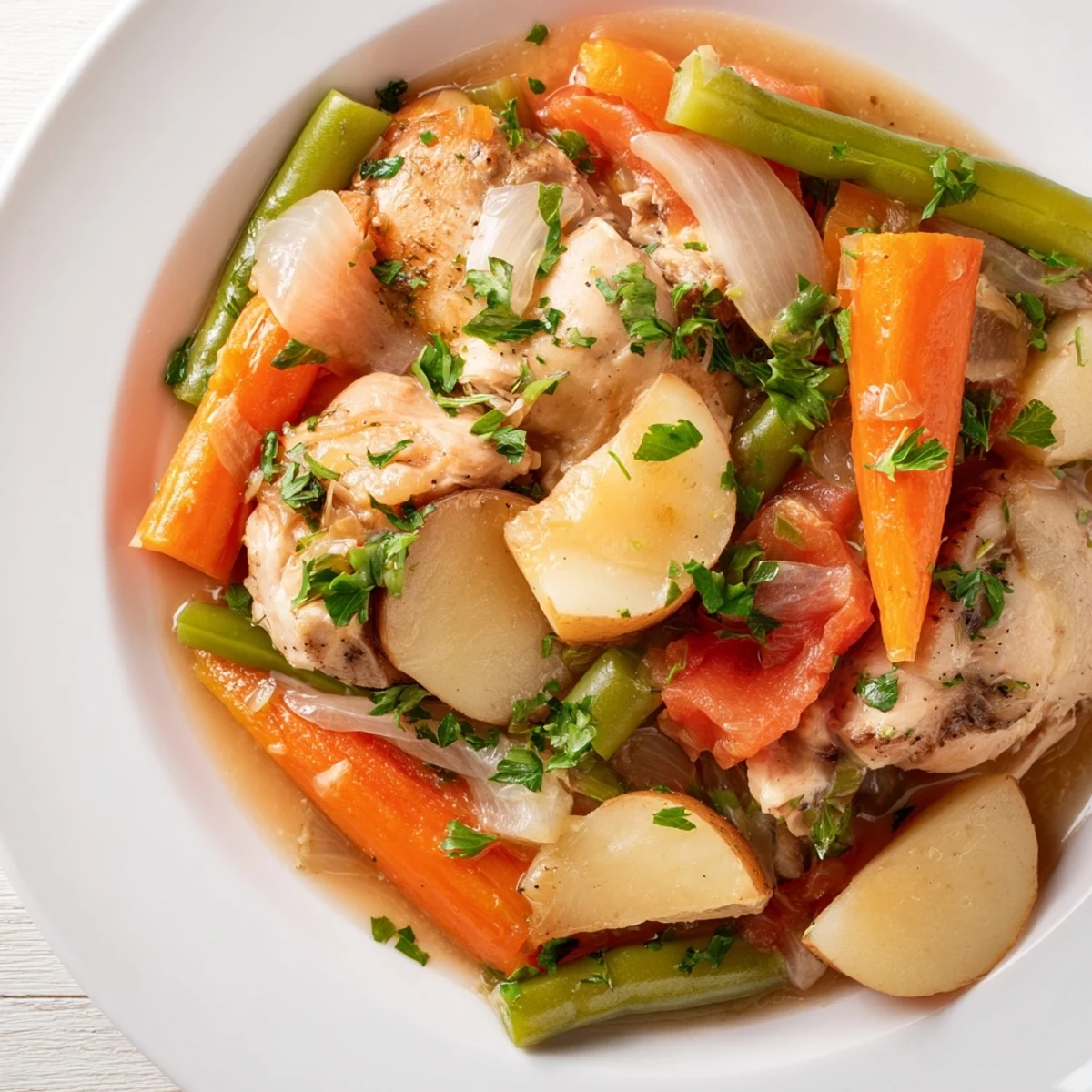 Tender Slow-Cooker Chicken & Vegetable Stew, a hearty American meal with fresh parsley garnish.